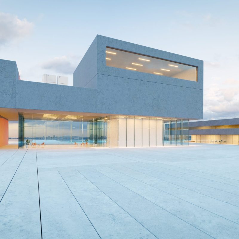 Modern glass wall commercial buildings exterior. Realistic 3d rendering